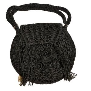Round Crochet Knit Bohemian-Chic Purse Handmade Shoulder Bag Black 11X11 Macrame